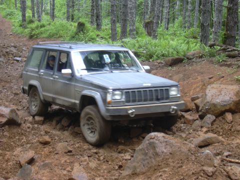1991 Ford Bronco - Jeep Cherokee XJ tackles a challenging off-road path in a forest setting.