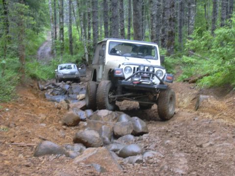1991 Ford Bronco - Two Jeeps navigate a rocky, wooded trail during an off-road excursion.