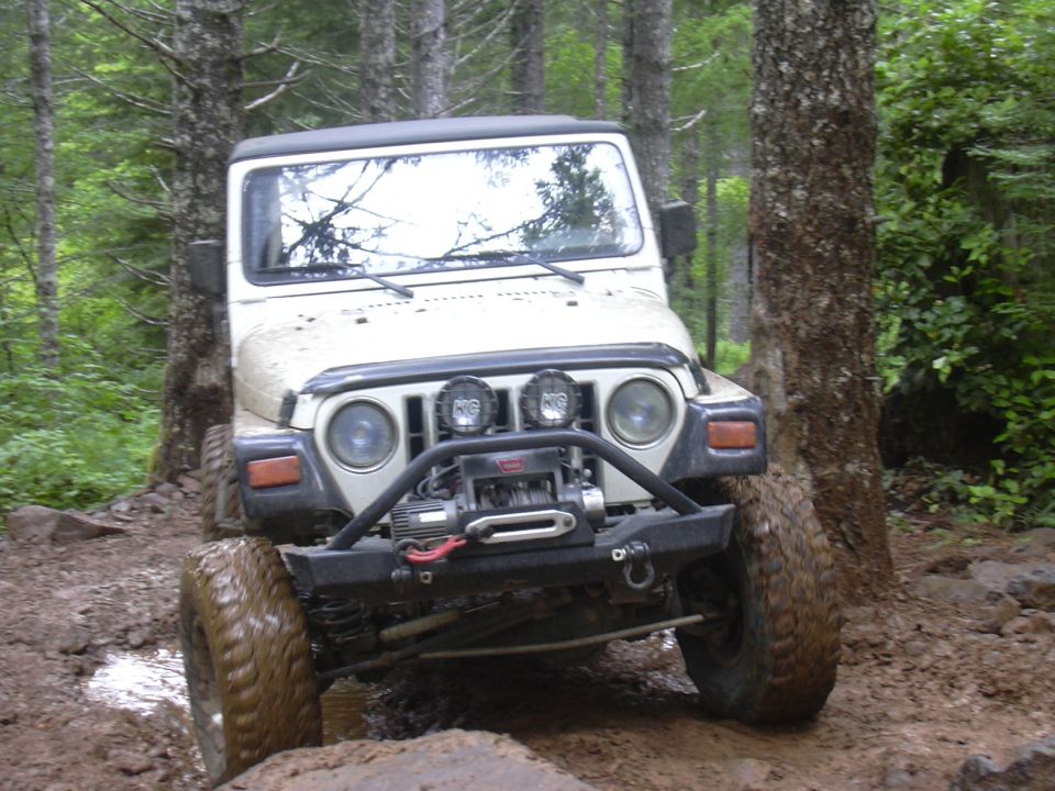 White Jeep Wrangler on a muddy trail with trees around