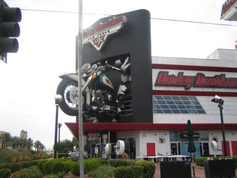 1985 Ford Mustang - Harley-Davidson Cafe in Las Vegas features a large motorcycle sculpture integrated into its exterior design.