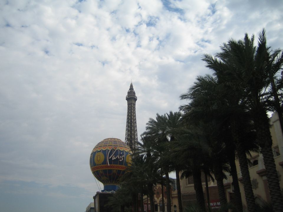 Eiffel Tower replica and a hot air balloon with 'Paris' text against a cloudy sky, framed by palm trees