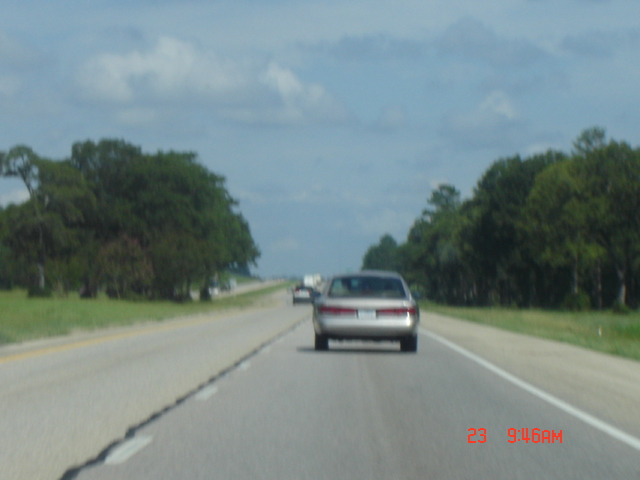 Car driving on a highway with trees on both sides. Another car is ahead
