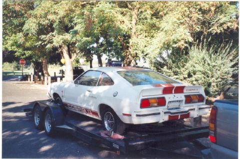 1978 Ford Mustang II - A white 1978 Ford Mustang II Cobra II is loaded onto a trailer, viewed from the rear with red racing stripes.