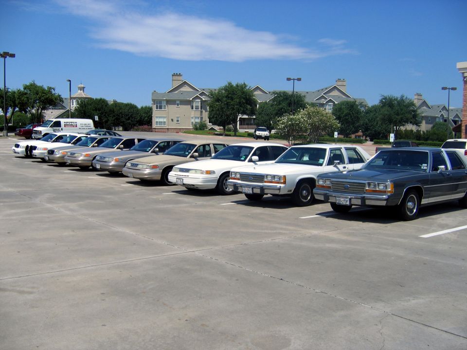Row of white and tan full-size Ford and Crown Victoria sedans angle-parked in a lot