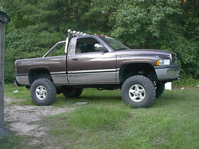 Brown and silver lifted Dodge Ram pickup truck with roll bar and light bar, parked on grass