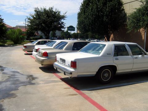 2000 Ford Crown Victoria - A row of sedans are parked in a lot. The closest vehicle is white, and the others are tan.