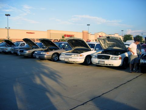 2000 Ford Crown Victoria - A row of Ford Crown Victoria police cars are displayed with their hoods open at an outdoor event.