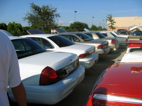 2000 Ford Crown Victoria - Several white Ford Crown Victoria sedans are parked in a lot under a clear blue sky.