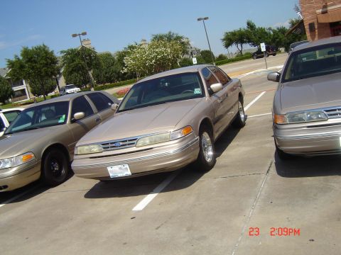 1988 Ford LTD Crown Victoria - Multiple tan sedans, likely Ford Crown Victorias from the 1990s, are parked in a lot on a sunny day.