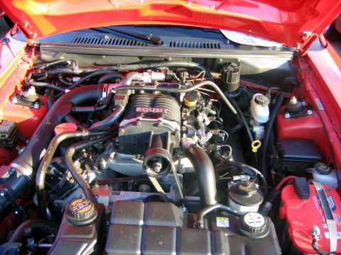 2000 Ford Crown Victoria - Close-up of a ROUSH supercharged engine bay, showing various hoses and components.