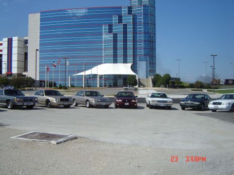 1988 Ford LTD Crown Victoria - A lineup of Ford Crown Victorias is parked in a lot with a large, modern building in the background.