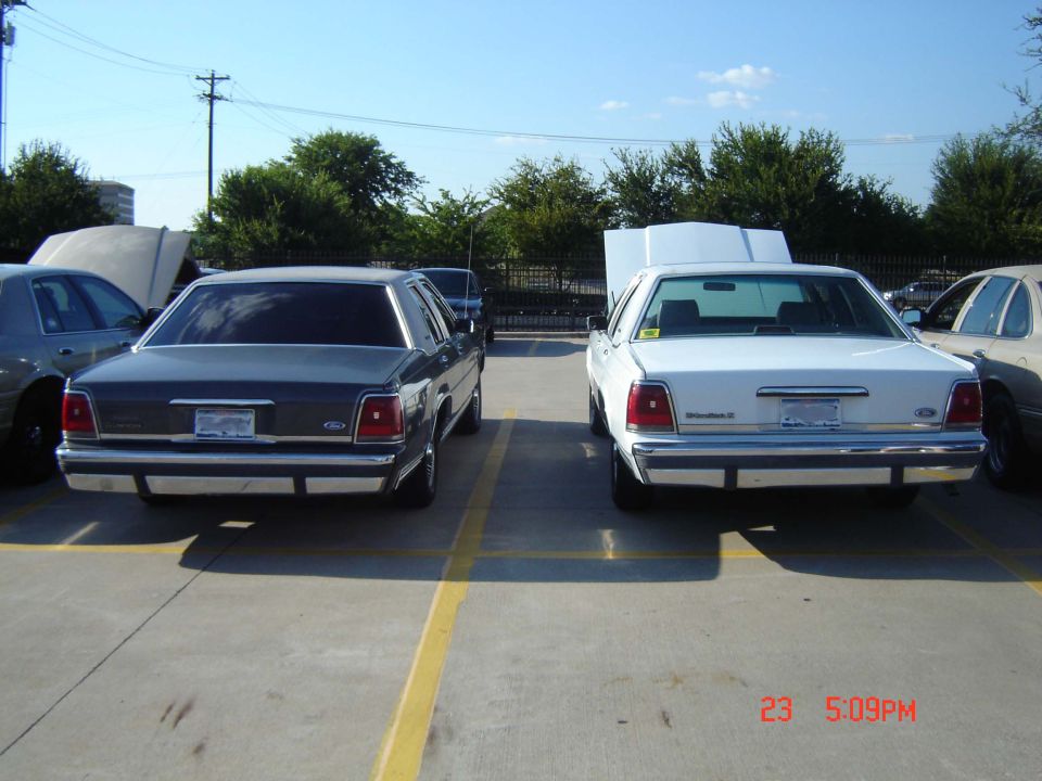 Two 1988 Ford Crown Victoria LTD sedans parked in a lot, one dark gray, one white, both with hoods up