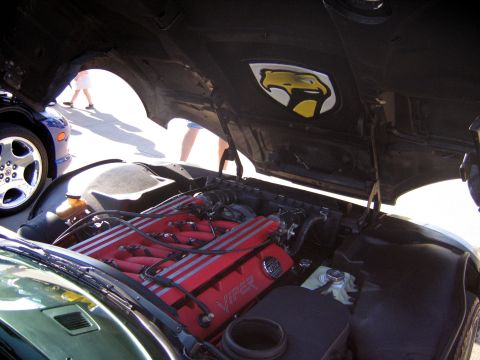 2000 Ford Crown Victoria - The engine bay of a Dodge Viper is shown, its distinctive red engine components and a snake emblem on the hood.