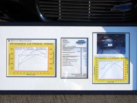 2000 Ford Crown Victoria - Framed documents detailing vehicle performance and purchase information, including dyno charts and a bill of sale.