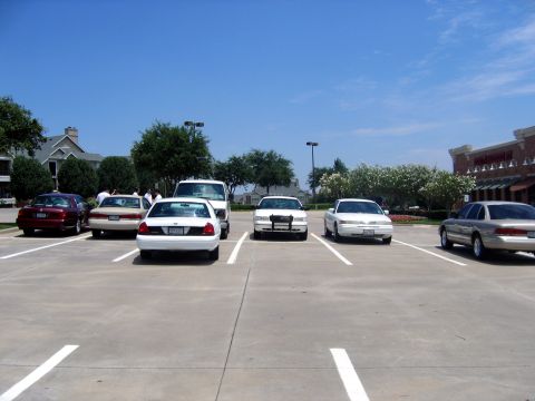 2000 Ford Crown Victoria - Several police cars, including a white 2000 Ford Crown Victoria, are parked in a lot on a sunny day.