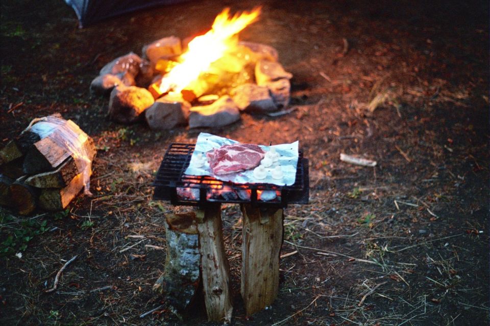 Campfire cooking steak and onions on a grill over logs