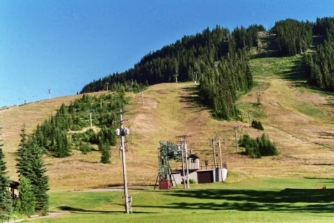 1979 Ford Bronco - A view of a ski slope during the off-season, ski lifts and power lines against a backdrop of trees and a clear blue sky.