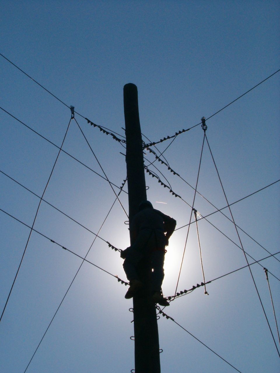 person climbing a utility pole against a bright sun