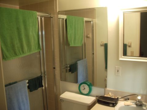 1978 Ford Bronco - A bathroom scene features green towels hanging near a shower and a green clock on the toilet tank.
