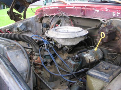 1978 Ford Bronco - Close-up view of the engine compartment, showing the carburetor, distributor, and various hoses and wires.