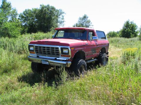 1978 Ford Bronco - This red 1978 Ford Bronco sits in a field of tall grass, its lifted suspension and appearance suggesting it's ready for off-road adventures.
