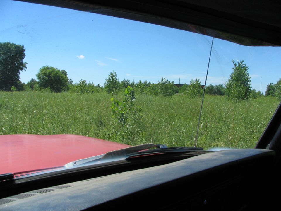 Red vehicle hood and windshield wipers seen from inside, with a field and trees under a blue sky
