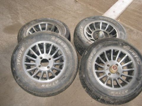 1978 Ford Mustang II - Set of four Kelly Charger radial tires mounted on alloy wheels, likely for a classic car.