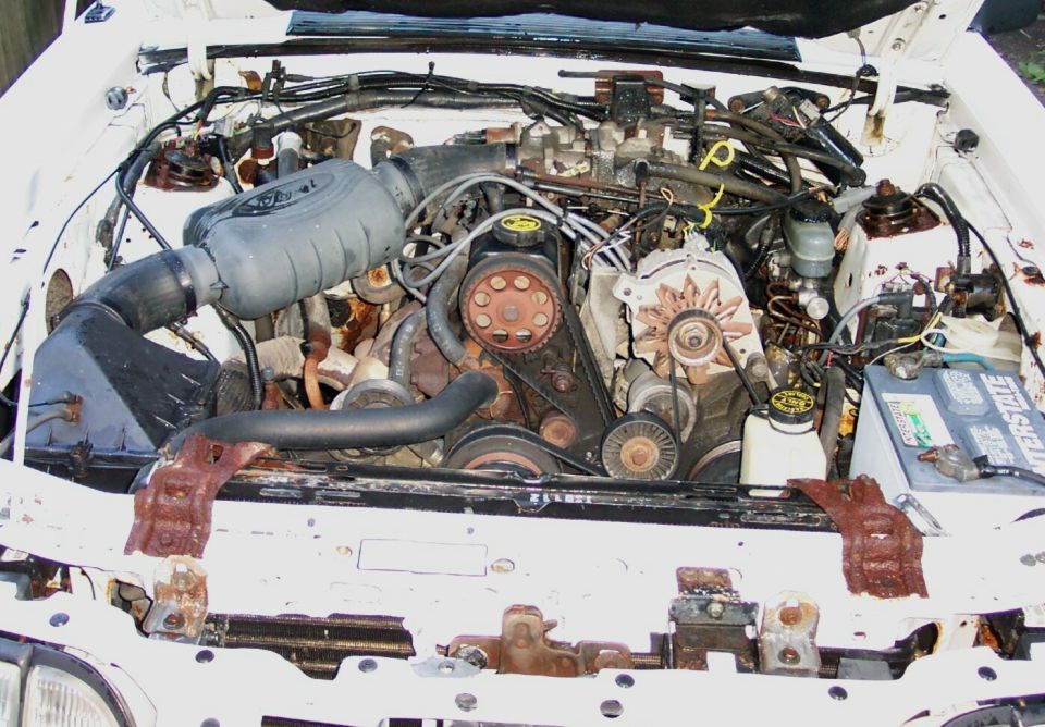 Engine bay of white vehicle showing V6 with serpentine belt and surface rust