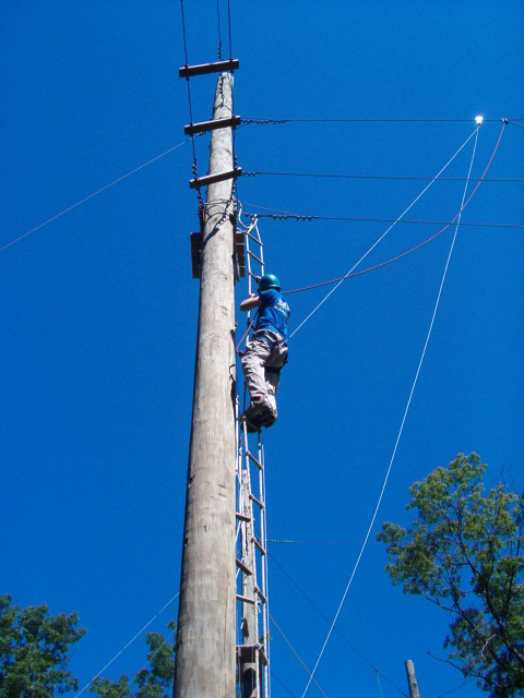 1995 Ford Bronco - A utility worker ascends a ladder attached to a telephone pole against a clear blue sky.