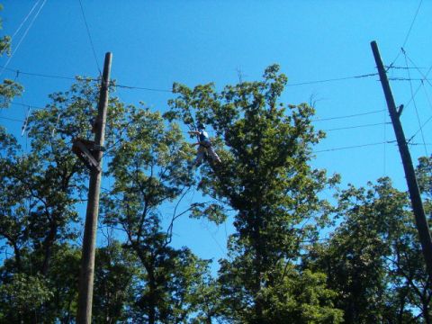 1995 Ford Bronco - A person is ziplining high above the ground, surrounded by trees and utility poles.