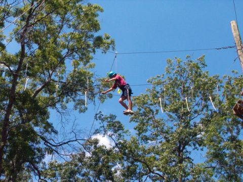 1995 Ford Bronco - A person navigates a ropes course suspended between trees under a clear blue sky.