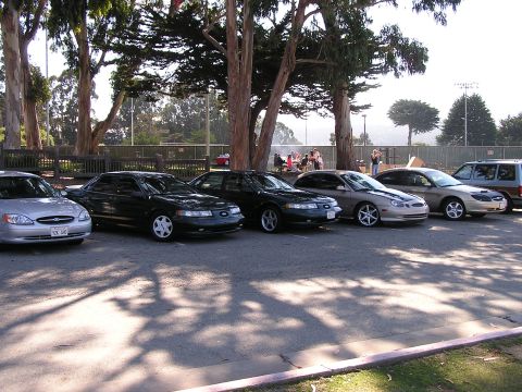 1993 Ford Taurus - A line of cars are parked in a lot, with trees casting shadows on the pavement.