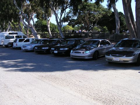 1993 Ford Taurus - Several Ford Tauruses are parked in a row under trees, with a white van and truck visible in the background.