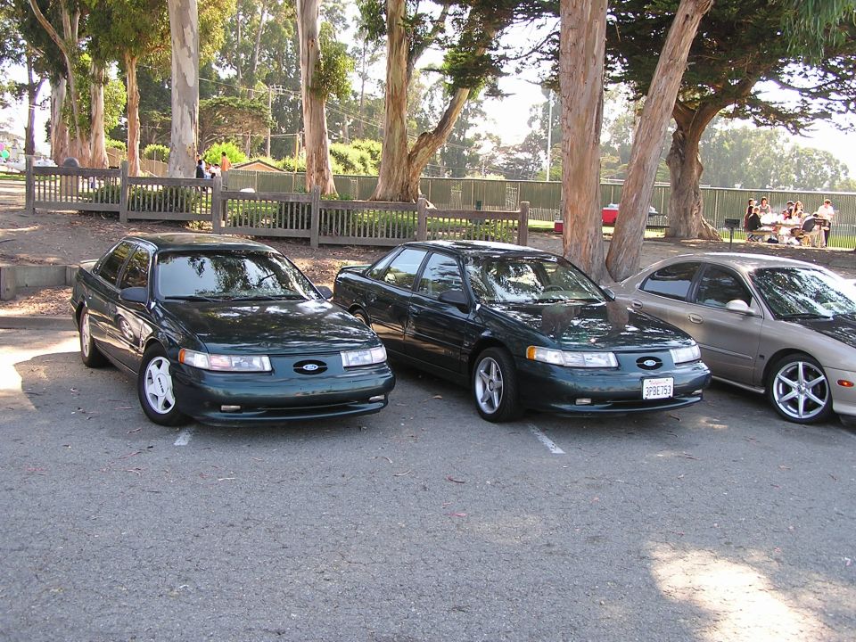 Two dark green Ford Taurus sedans parked side-by-side, with a third sedan to the right. The front Taurus has a white license plate