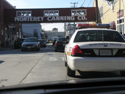 1993 Ford Taurus - A police car is parked on a street with other vehicles and a building overhead.