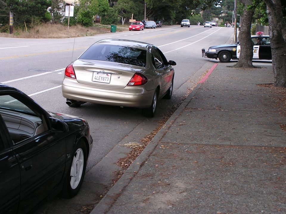 Gold sedan parked on street, police car behind it. License plate reads 4LEY873