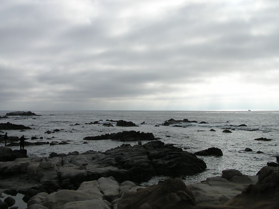 Rocky shore with ocean waves under a cloudy sky, two people fishing in the distance
