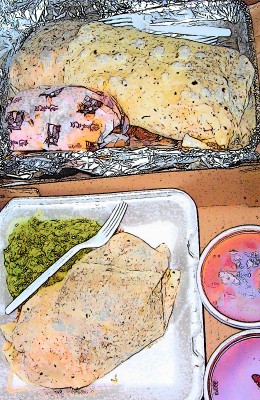 1995 Ford Bronco - A meal is presented in foil and takeout containers, with a prominent "SUPERMOTORS" logo visible.