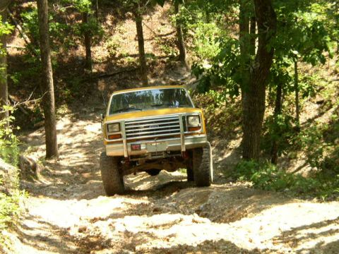 1995 Ford Bronco - This yellow SUV, likely from the 1980s, navigates a rough dirt trail through a wooded area.