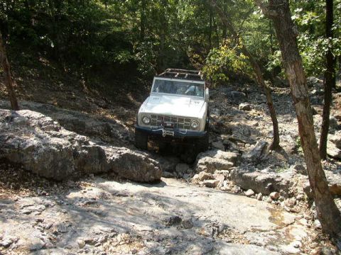 1995 Ford Bronco - A classic Ford Bronco navigates a rocky, off-road path surrounded by trees.