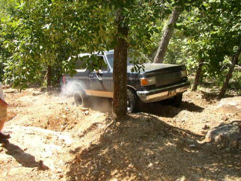 1995 Ford Bronco - This Ford Bronco is navigating a challenging off-road trail with dense foliage surrounding it.