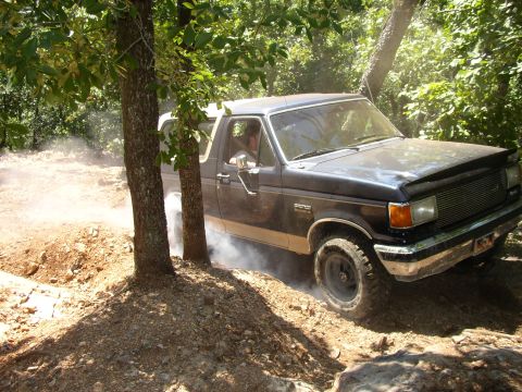 1995 Ford Bronco - This Ford Bronco is navigating a dirt trail with trees on either side.