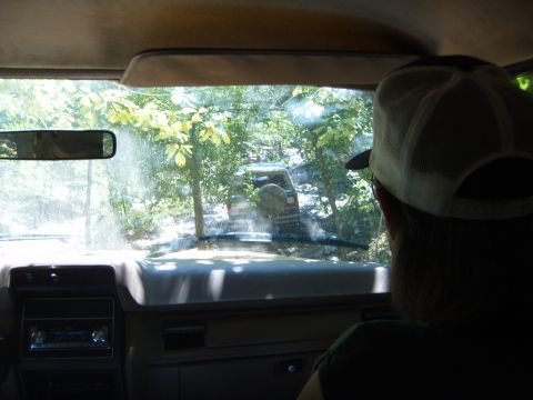 1988 Ford Bronco - View from inside a vehicle looking out at another off-road vehicle navigating a wooded trail.
