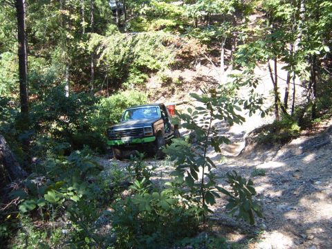 1988 Ford Bronco - A dark-colored Ford Bronco navigates a challenging off-road path surrounded by dense foliage.