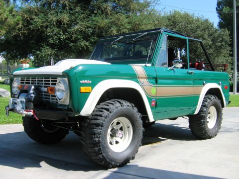 1985 Ford Bronco - This classic green Ford Bronco features a distinctive tan stripe and white accents, sitting proudly on a paved driveway.