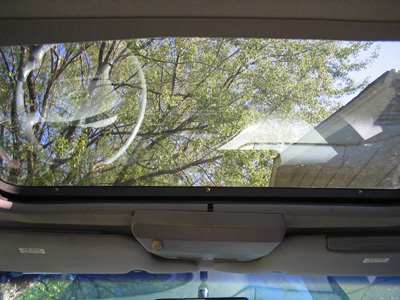 1995 Ford Taurus - View through the sunroof shows green trees and a house roof against a blue sky.