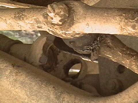 1986 Ford Bronco - This image shows a close-up view of the undercarriage of a vehicle, focusing on mechanical components.