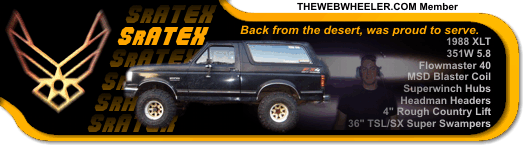 Black 1988 Ford Bronco with lifted suspension and large tires, side view