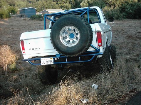 1978 Ford Bronco - This modified Ford Bronco is parked off-road, a prominent roll cage and a large spare tire.