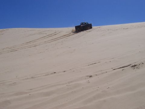 1994 Ford F-150 - A black pickup truck navigates a steep sand dune under a clear blue sky.